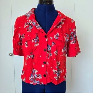 H&M Red Short-Sleeve Floral Button-Down Top
